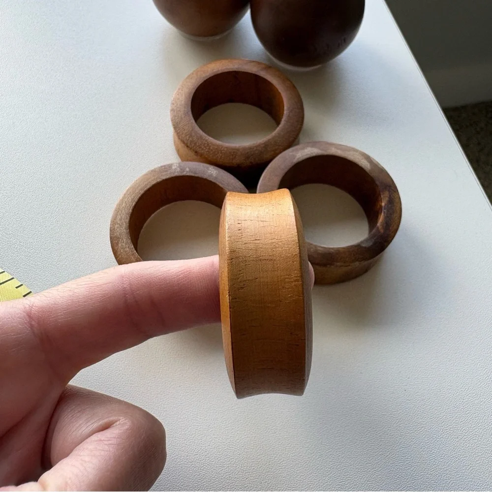 Mid-Century Modern wood salt and pepper shakers set with 4 wooden napkin rings